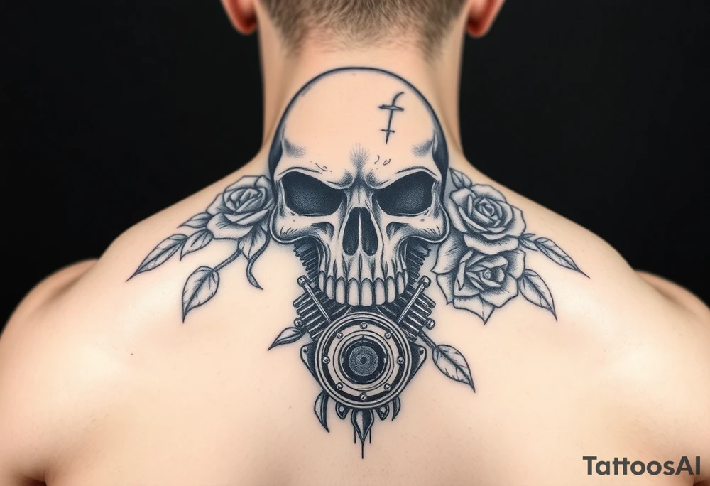 full back with Skull and motorcycle engine with
 roses tattoo idea