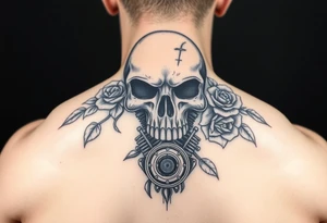 full back with Skull and motorcycle engine with
 roses tattoo idea