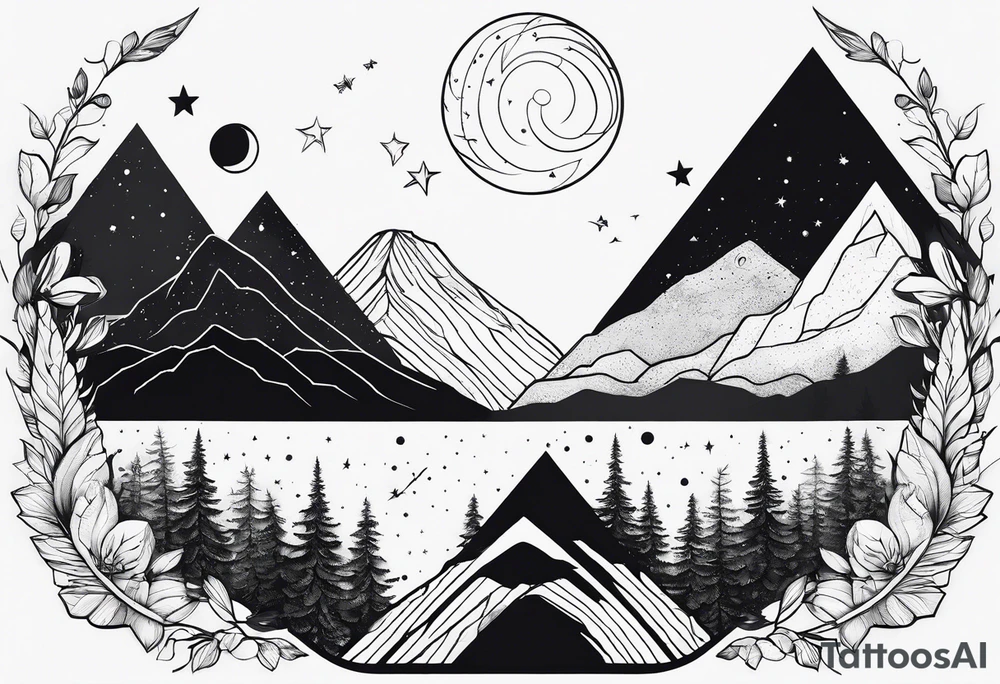 bold line art of space and nature in triangle shape tattoo idea