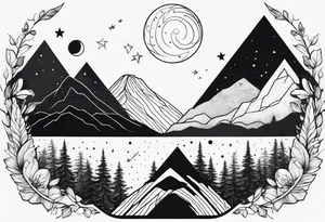 bold line art of space and nature in triangle shape tattoo idea