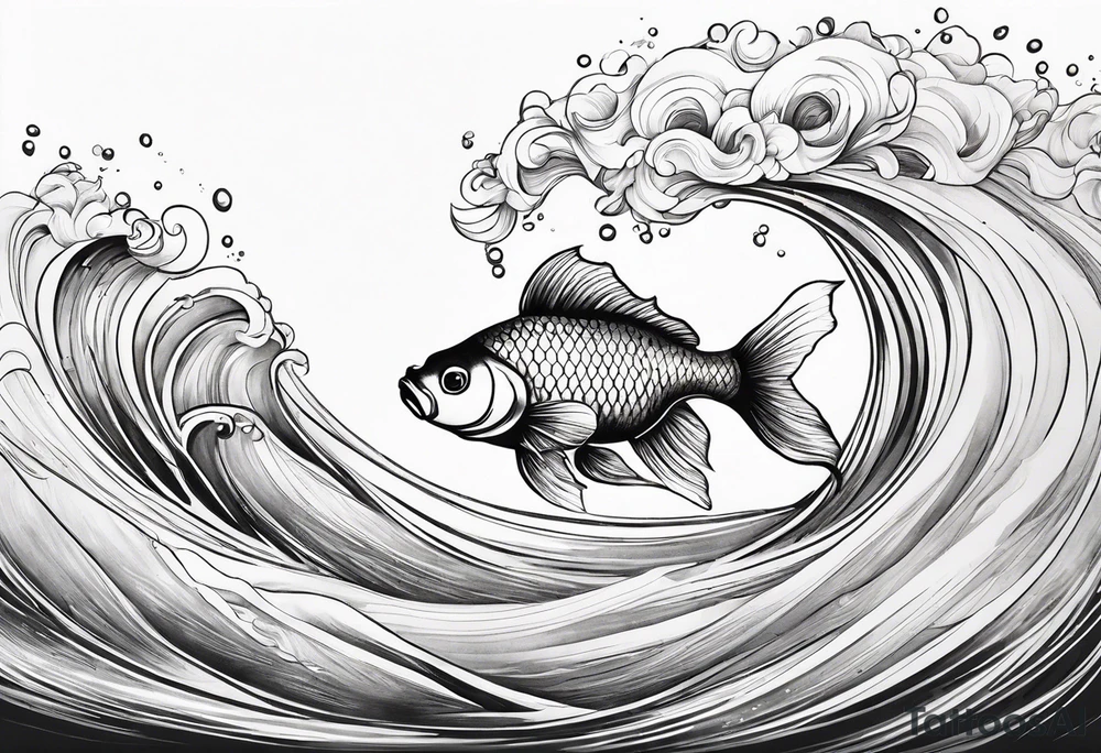 “Create a delicate tattoo of a goldfish swimming in a wave, emphasizing its flowing fins and graceful movement. tattoo idea