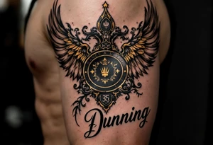 Dunning, left arm details include bold strong font, gold highlights, theme of wealth and angel wings, tattoo idea