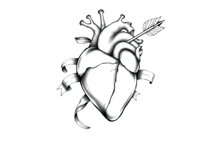 anatomical heart pierced by ornate arrow with flowing ribbons tattoo idea