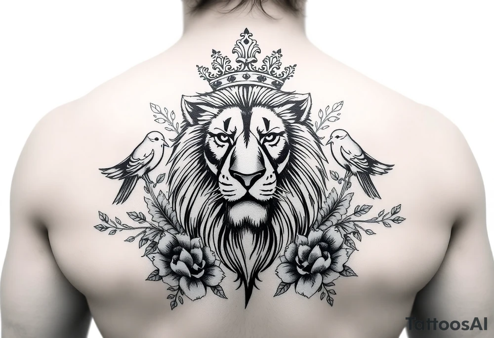 powerful majestic lion with a crown, surrounded by floral ornaments and birds tattoo idea