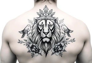 powerful majestic lion with a crown, surrounded by floral ornaments and birds tattoo idea