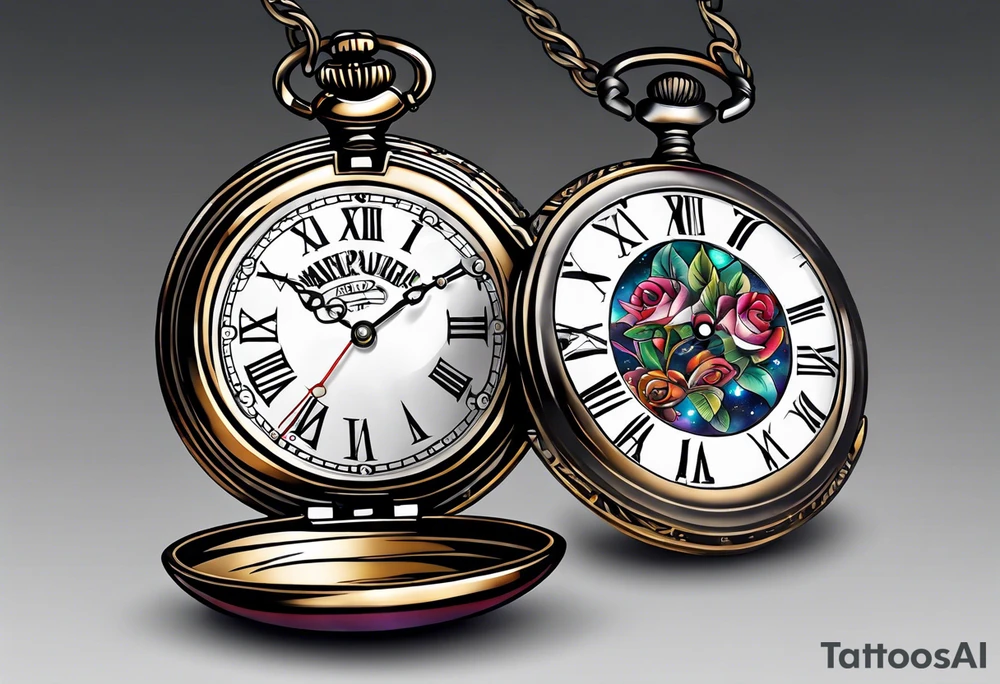 broken pocket watch galaxy tattoo idea