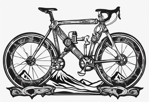 BMC road bicycle on a mountain placed on a barbell tattoo idea