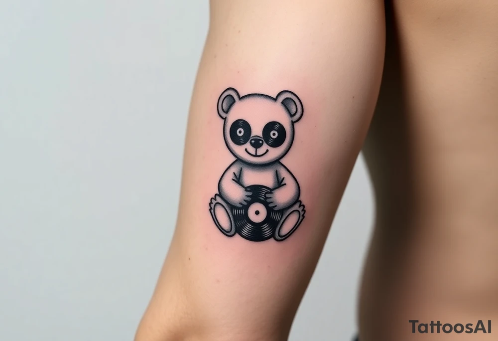 minimalist teddy bear with vinyl records as eyes smiling and sitting on a record tattoo idea