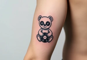 minimalist teddy bear with vinyl records as eyes smiling and sitting on a record tattoo idea