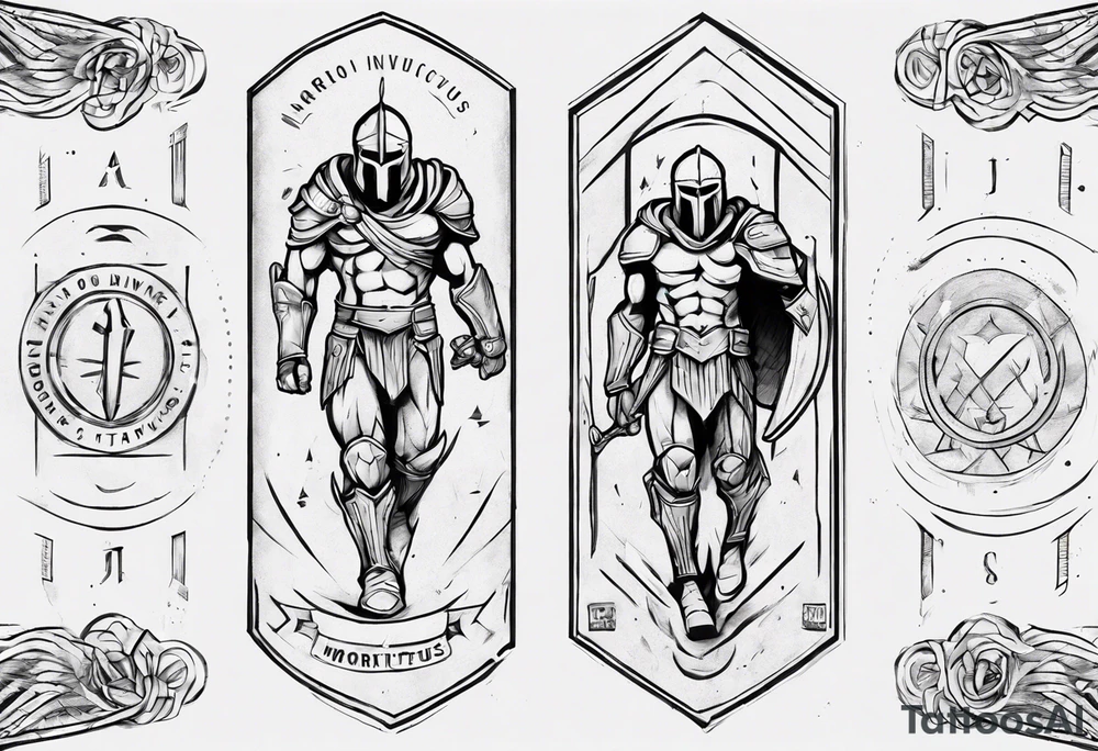 spartan soldier sleeve linework dine line linework containing words: "morior invictus" tattoo idea