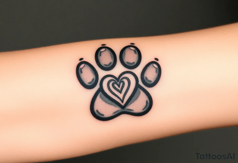 A black-and-gray shaded paw print, with heart and intense shading for a bold tattoo idea