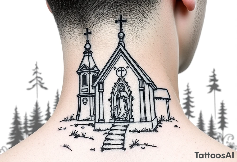 Traditional russian orthodox church in a wilderness setting with a prominent orthodox style virgin mary tattoo idea