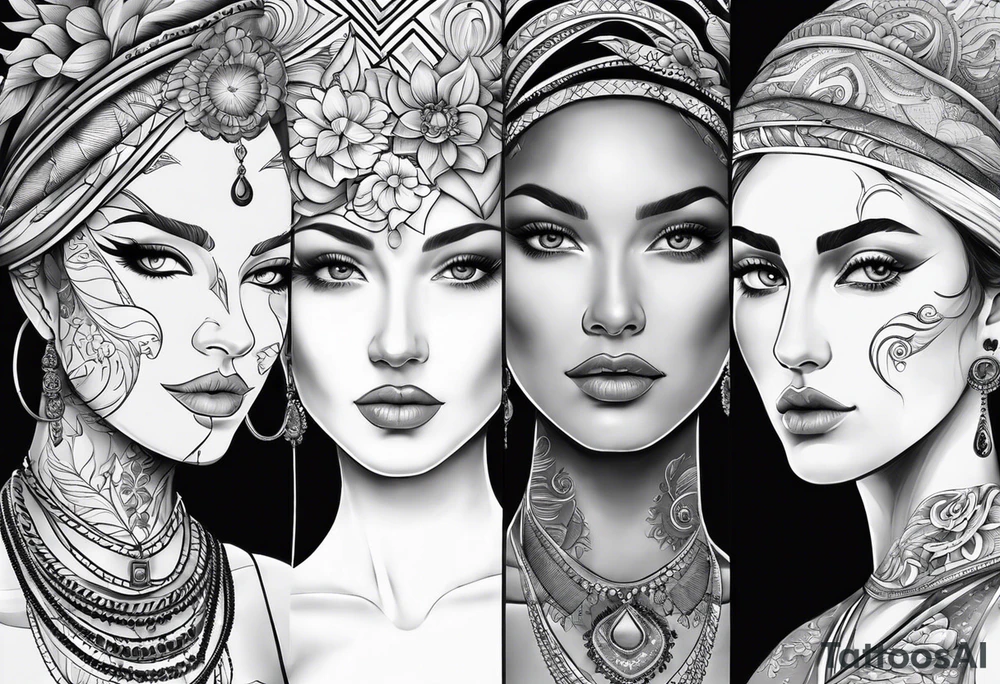 Three women's faces next to each other. The woman on the left a young woman18yo, the middle  is a mother40 yo the right is a grandmother 70yo tattoo idea