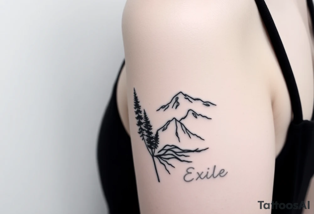 Fractured scene: dark, tangled forest on one side, open mountain range on the other. Split but connected. Word "Exile" added very small and blended in tattoo idea