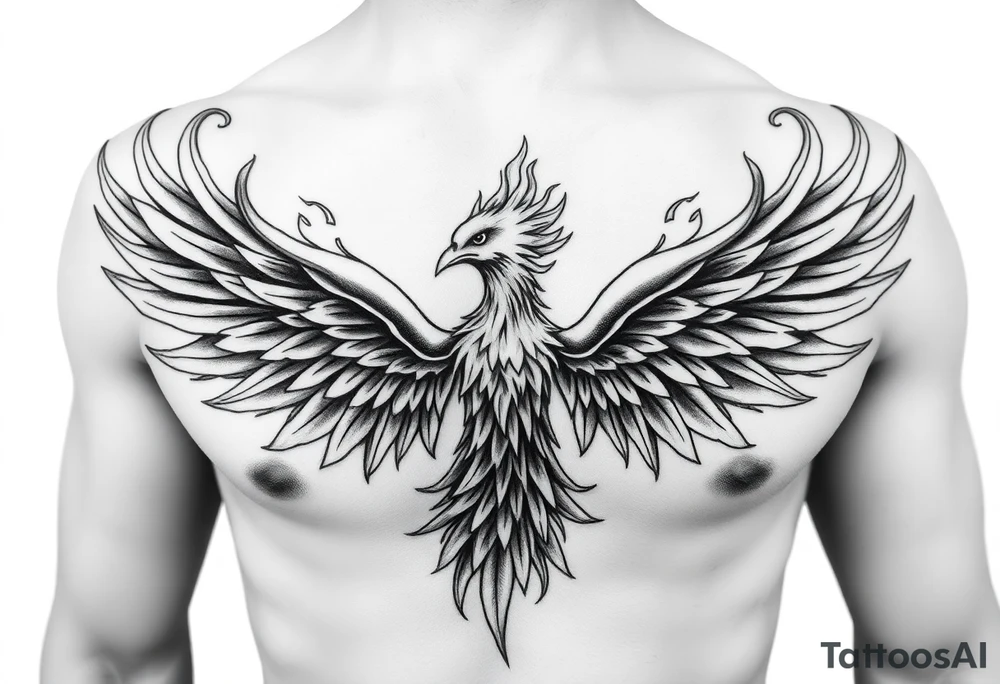 Realistic and symmetrical flaming Phoenix rebirth with spread low wings mapped onto chest
Phoneix head must be straight and symmetrical 
Fire should be surrounding spread wings
Wings should be spread low only on chest muscle tattoo idea