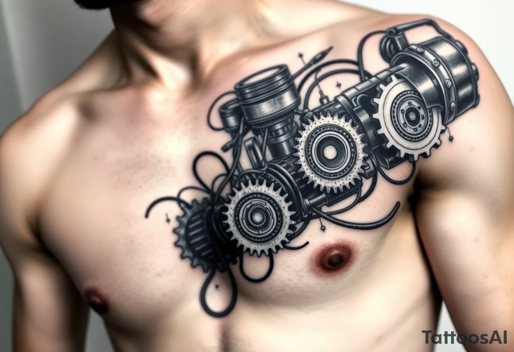 This biomechanical tattoo design creates the illusion of mechanical parts under the skin. It features gears, pistons, and wires, giving the arm a cybernetic look. Realistic shading enhances the fusion of flesh and machine tattoo idea
