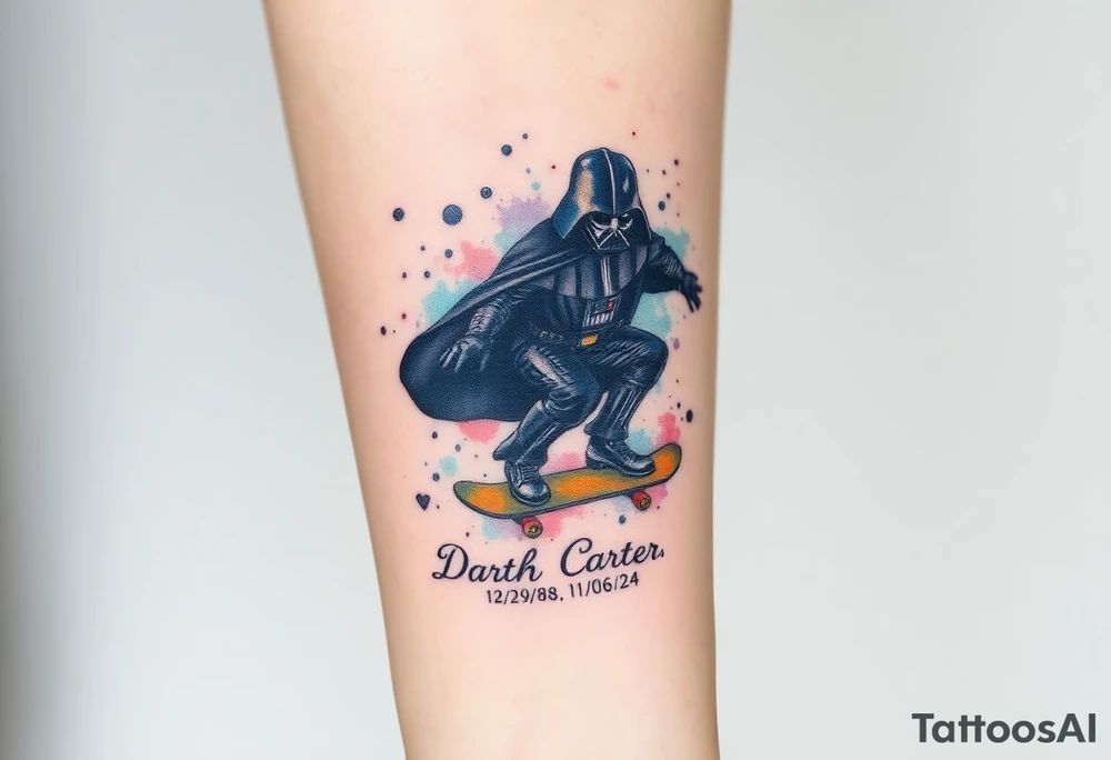 Darth Vader skateboarding > bullets > in loving memory > colors
add words "Darth Carter" to skateboard
add date 12/29/88-01/06/24 tattoo idea