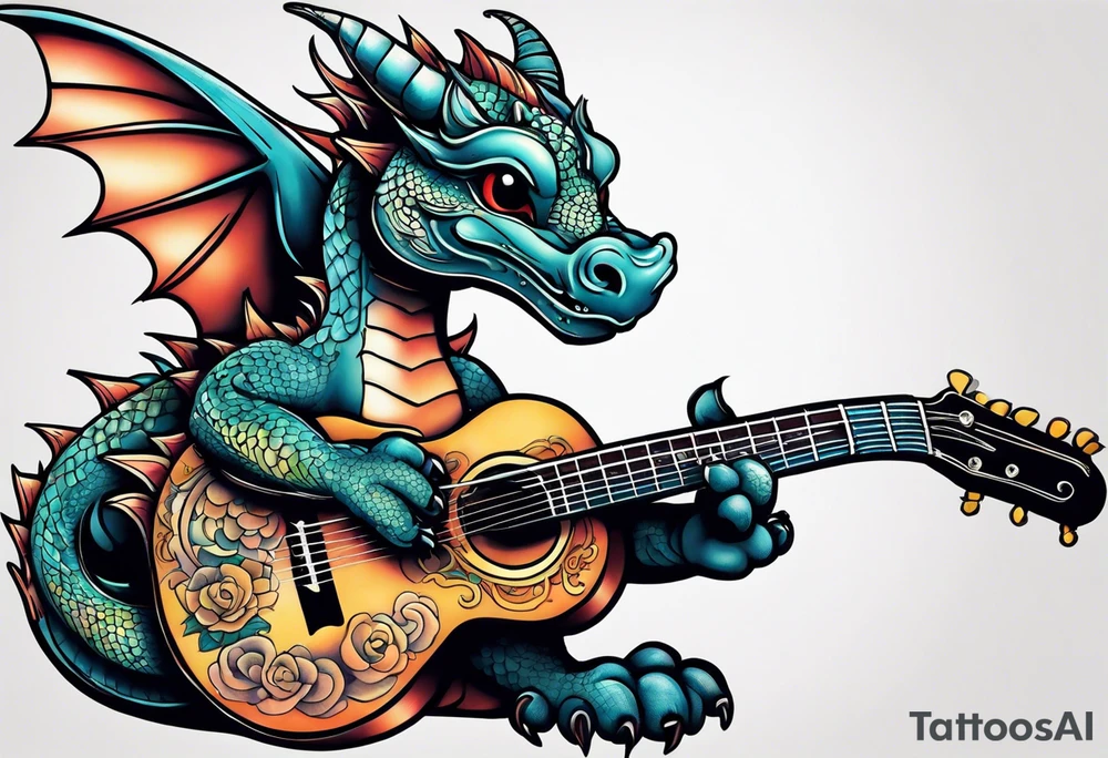 baby dragon with guitar tattoo idea