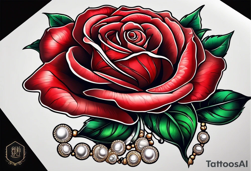 Red rose with a pearl necklace tattoo idea
