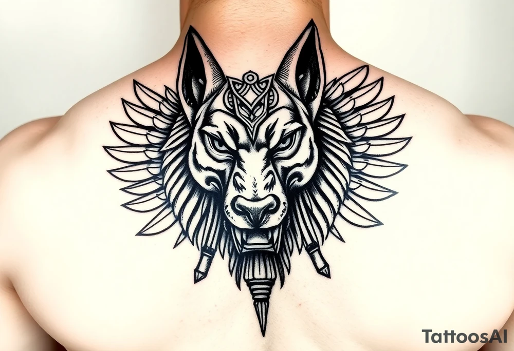 Egyptian Anubis god powerful face muscle in Egypt style dog face surrounded Egyptian symbols tattoo idea