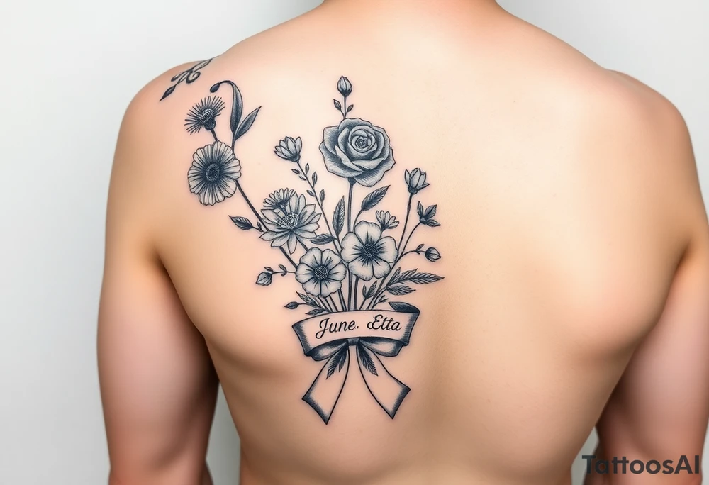 Half arm sleeve tattoo of 3 hollyhock flowers, one wild rose, 5 wild flowers in a bouquet with ribbon bow towards the bottom like the just got picked. On the ribbon include three names: June Etta, Roxy, Rosalie. Next the bouquet sperately put a full realistic doctors stethoscope tattoo idea