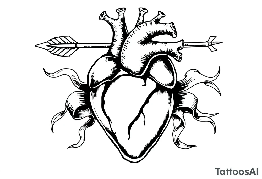 anatomical heart pierced by ornate arrow with flowing ribbons tattoo idea