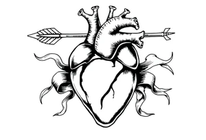 anatomical heart pierced by ornate arrow with flowing ribbons tattoo idea