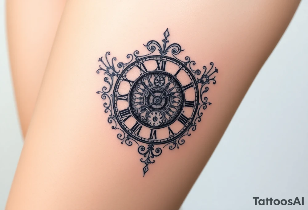 vintage roman numerals within ornate clockwork mechanism tattoo idea