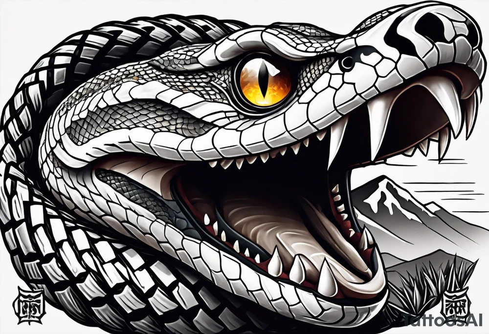 black and white drawing of a snake head with copper eyes an open mouth with mountain bike tire tread for body tattoo idea