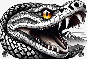 black and white drawing of a snake head with copper eyes an open mouth with mountain bike tire tread for body tattoo idea