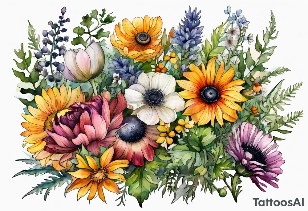 wildflowers with thistles, ferns, ranuculus, white anemones with black center, sun flowers, mixed color flowers and different shapes all in watercolor tattoo idea