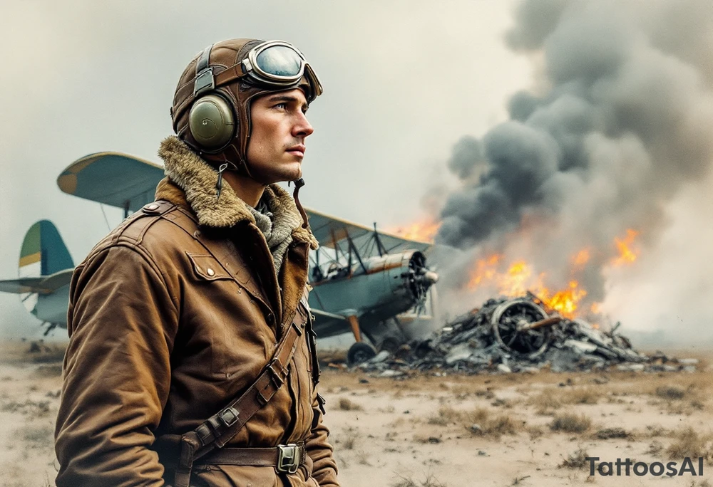 WWI Pilot Soldier – A soldier in a brown leather flying jacket and helmet, standing beside a biplane with muted blue and green colors, with smoke rising from a crashed enemy plane. tattoo idea
