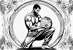 Peaceful warrior kneeling down on one knee. One hand is feeding the weak. One hand is holding the world up above his shoulders. tattoo idea