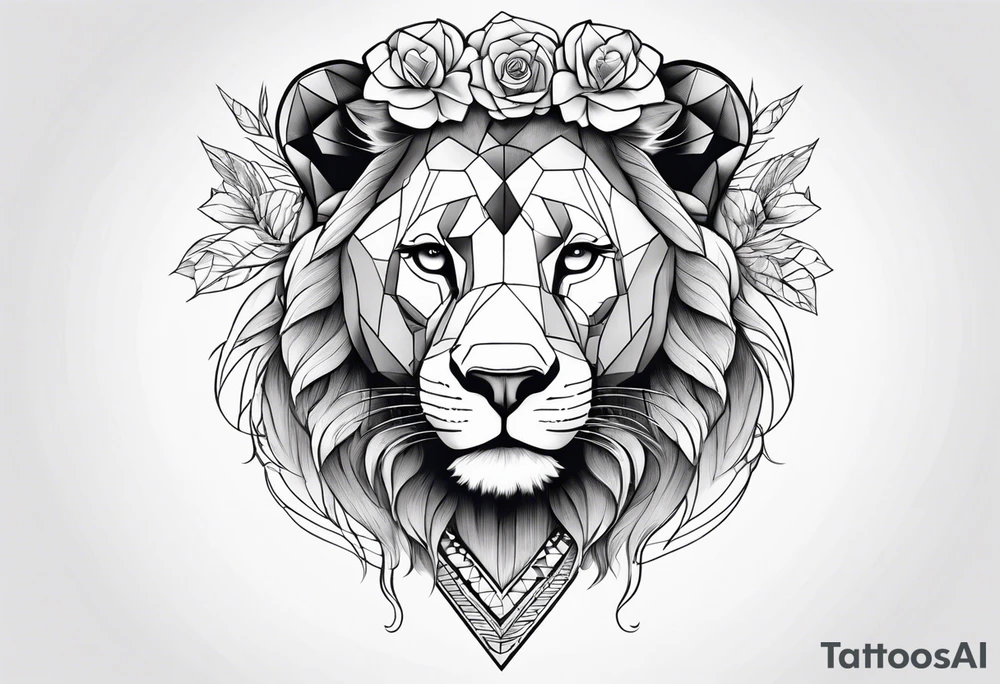 Beautiful lioness with necklace and a flower headband tattoo idea