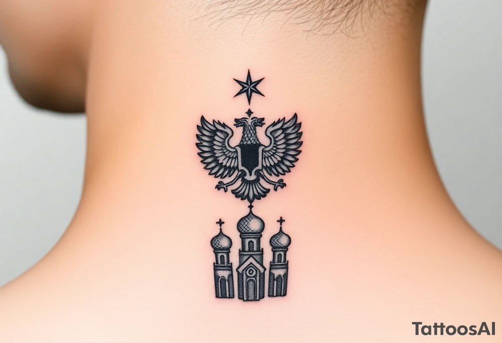 Stacked Vertical Column 

Russian star — small, bold
Middle: Miniature double-headed eagle — simplified, cleaner lines to suit the smaller space
Bottom: Orthodox church dome(s) with a small Virgin Mary silhouette beneath tattoo idea
