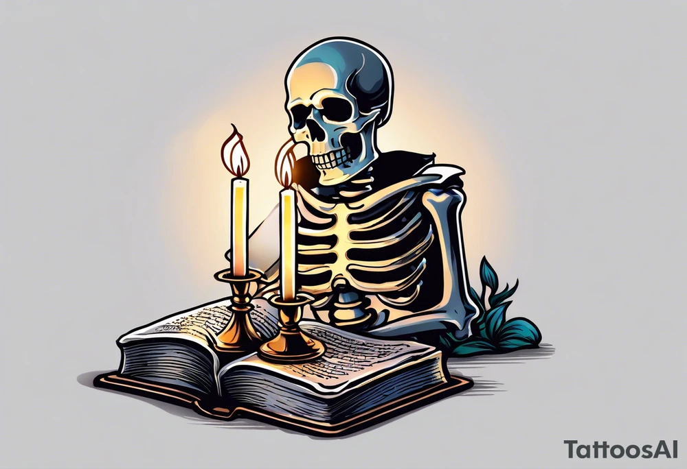 skeleton reading a holy bible by candle light tattoo idea