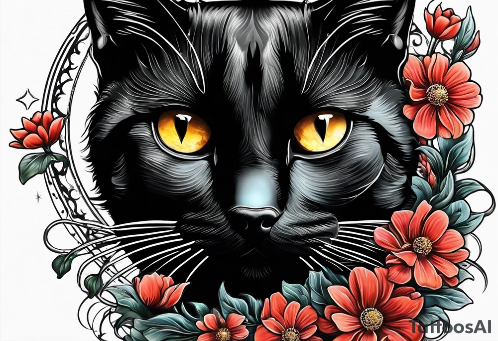 Photo realistic black cat with moon and flowers tattoo idea