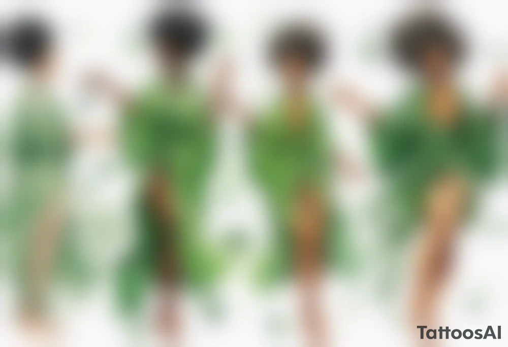 a beautiful black woman wearing a green robe with legs that turn into tree roots, arms reaching up towards the sun tattoo idea
