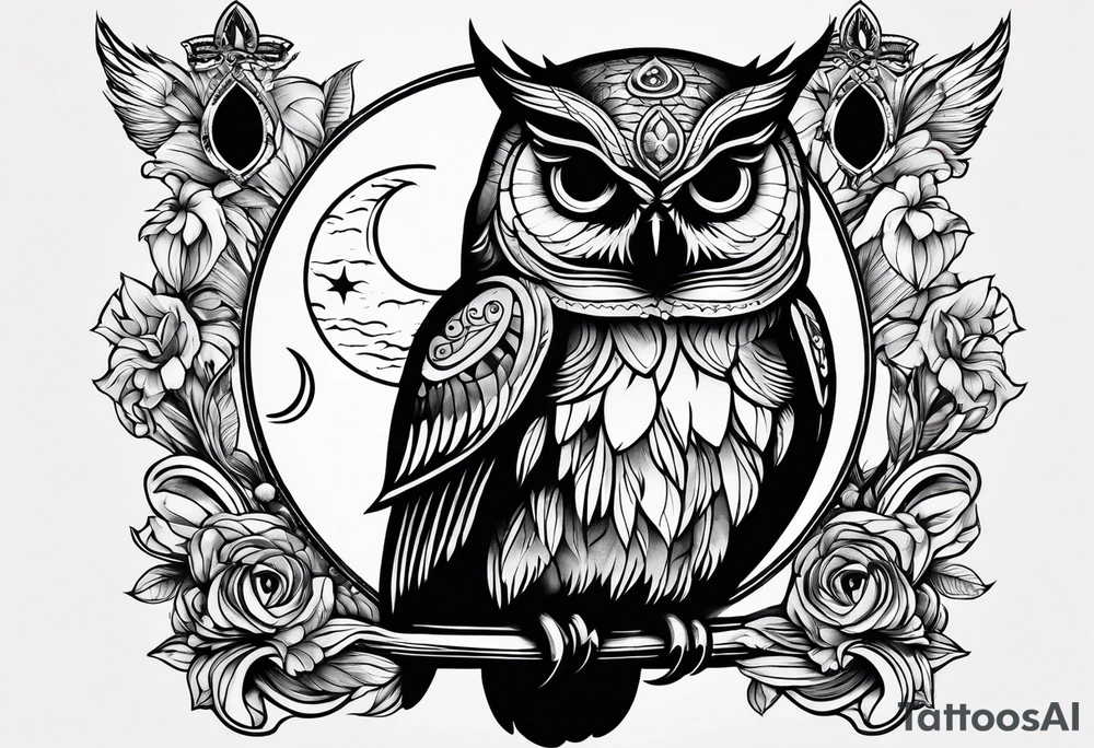 Owl with moon and cardinal tattoo idea