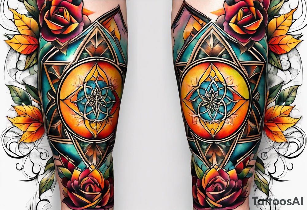 front knee tattoo with sacred geometry, swirls & washes, background and in fall colors tattoo idea