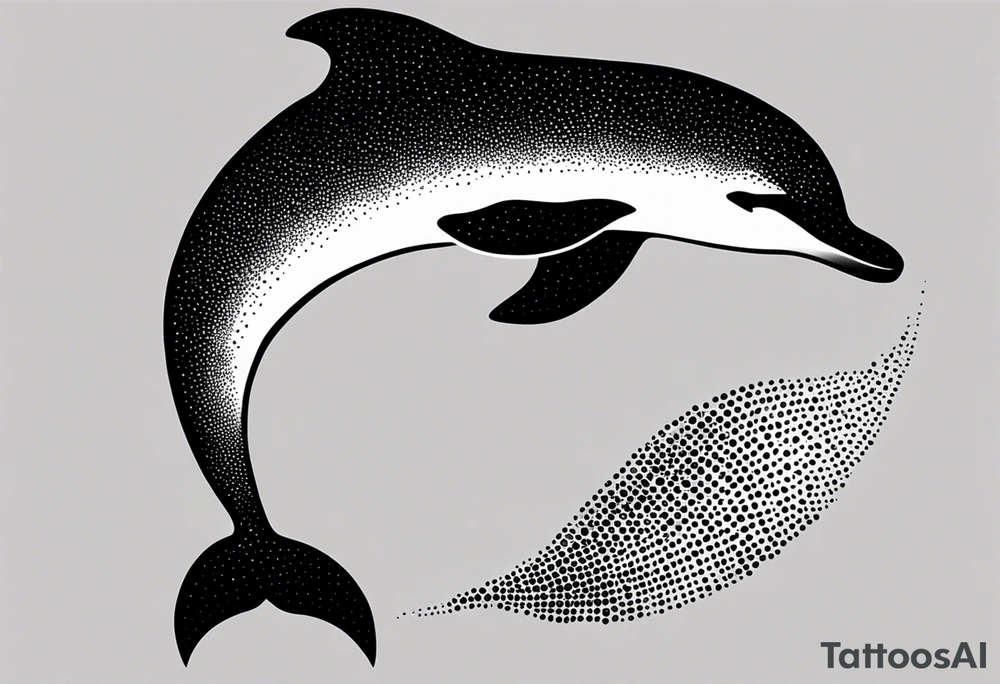 simple dolphin silhouette, in soft gray tone, stippled shading, little bit of dotwork, white background tattoo idea