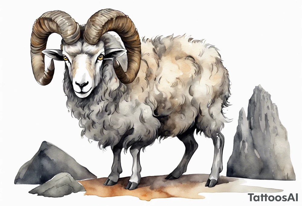 a solitary big-horned sheep with the arms and legs of a large man, wearing a grey tunic standing before a cave with cloven hooves for feet tattoo idea