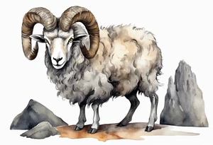 a solitary big-horned sheep with the arms and legs of a large man, wearing a grey tunic standing before a cave with cloven hooves for feet tattoo idea