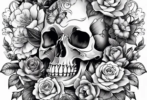 Upper arm sleeve skulls and flowers tattoo idea
