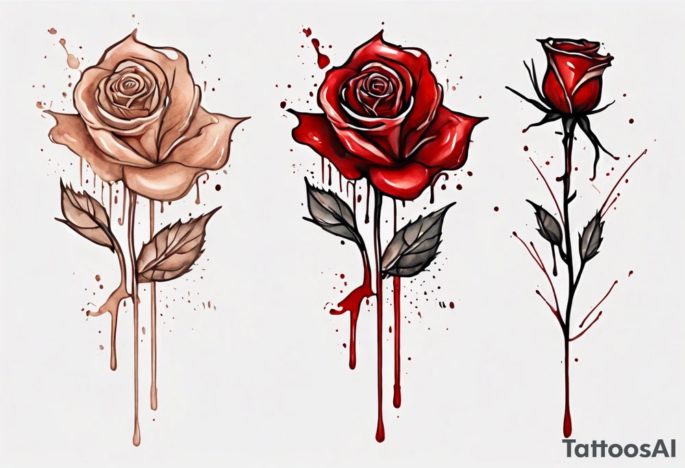 rose flower, one line, red blood dripping from the flower, tall, watercolor on light brown skin tattoo idea