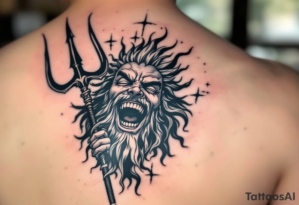 laughing poseidon, behind a trident, looking at the sky tattoo idea