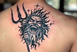 laughing poseidon, behind a trident, looking at the sky tattoo idea