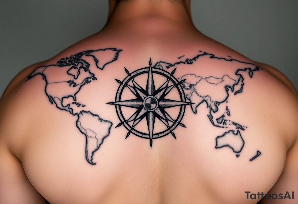 antique compass rose overlaid on weathered world map with sailing ships tattoo idea
