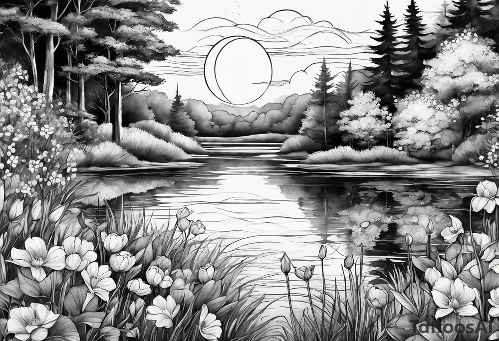 Secret, hidden garden, flowers, lake, daylight moon, more flowers tattoo idea