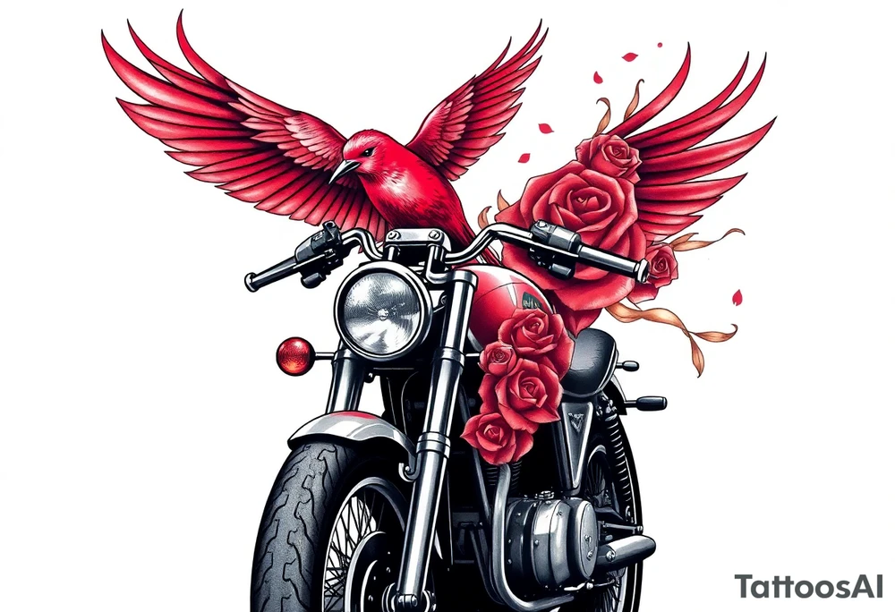 Motorcycle, red bird flying, roses and lace, flames tattoo idea